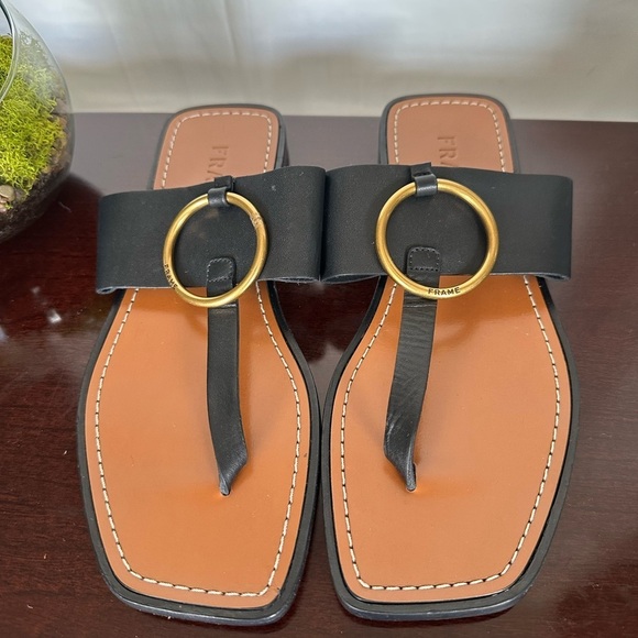 Frame Denim Shoes - Frame Denim Black and Gold Sandals with Square Toe
